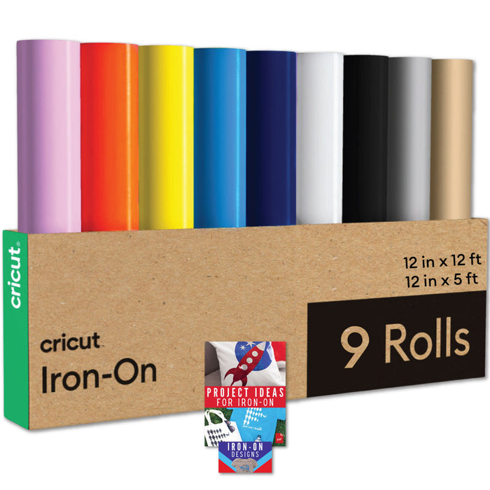 Cricut Premium Iron-On Rolls Bundle - 12ft Rainbow HTV and 5ft Black & White, 9 Count