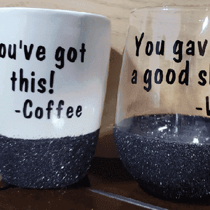 Glitter Dipped Coffee Mug and Wine Glass with Cricut Vinyl