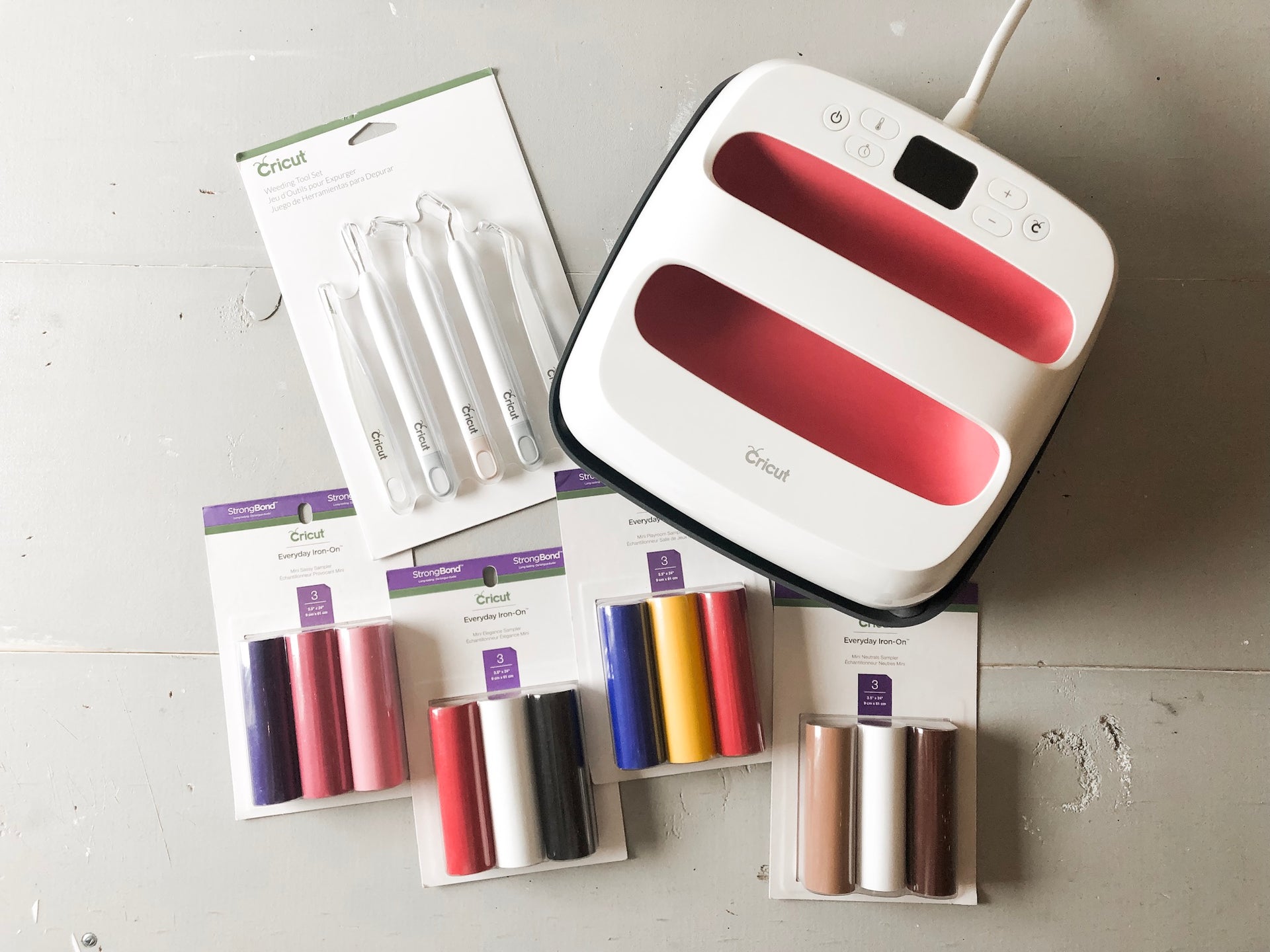 Cricut Explore Air 2 with Everyday Iron-On Samplers, Vinyl Rolls, Essential Tool Set and Portable Trimmer Bundle - Neutral Cutting Machine Materials