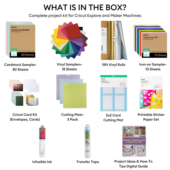 Cricut Ultimate All-in-One Materials & Accessories Bundle | Beginner Sampler Kit for Cricut Explore & Maker Machines with Vinyl, HTV, Stickers & Cards