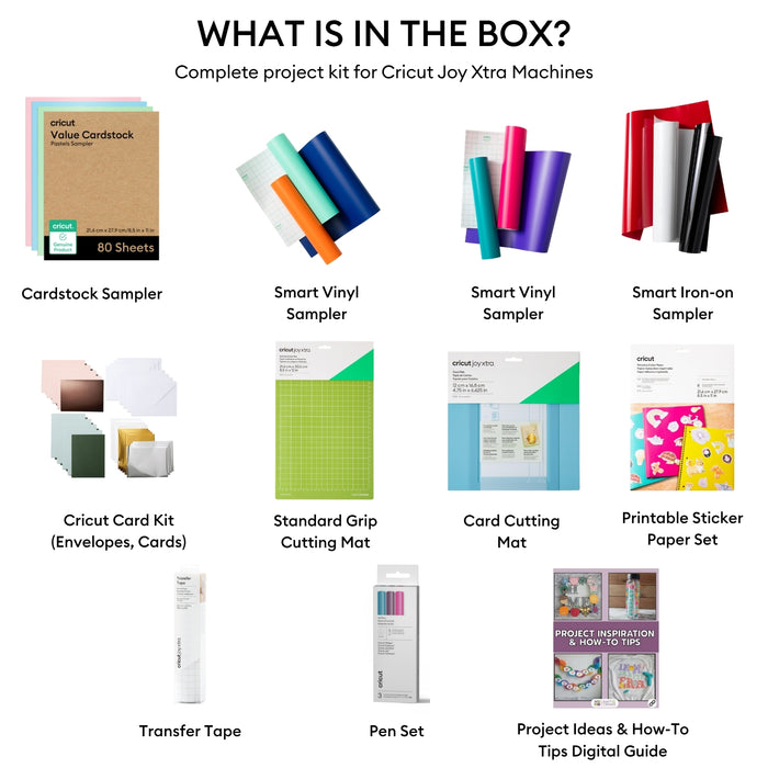 Cricut Joy Xtra Ultimate Starter Kit | 115+ Piece Materials & Accessories Bundle with Vinyl, HTV, Sticker Paper, Cards & Tools
