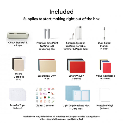 Cricut Explore 5 Essentials Machine Bundle with Rainbow Smart Vinyl & Iron-On Sheets - DIY Cutting Machine for Decals, Stickers, HTV & Custom Crafts
