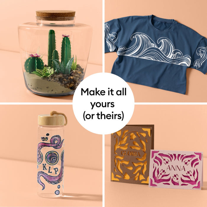 Cricut Explore 5 Machine Essentials Bundle with Smart Vinyl, Iron-On Samplers & Instructional Guide - DIY Cutting Machine for Decals, Stickers & Cards