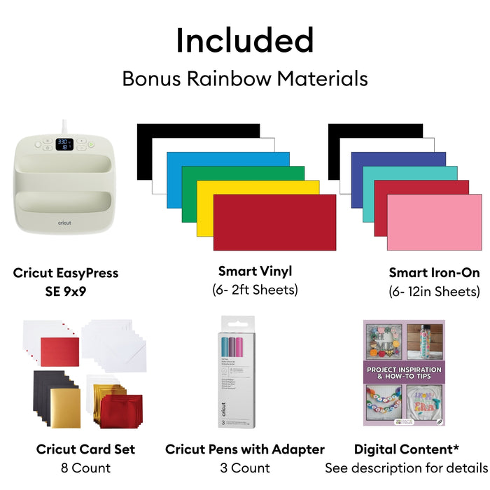 Cricut Explore 5 Essentials Sampler Bundle with EasyPress 9x9, Smart Vinyl & Smart Iron-On | Cricut Machine for T-Shirts, Vinyl & Custom Crafts