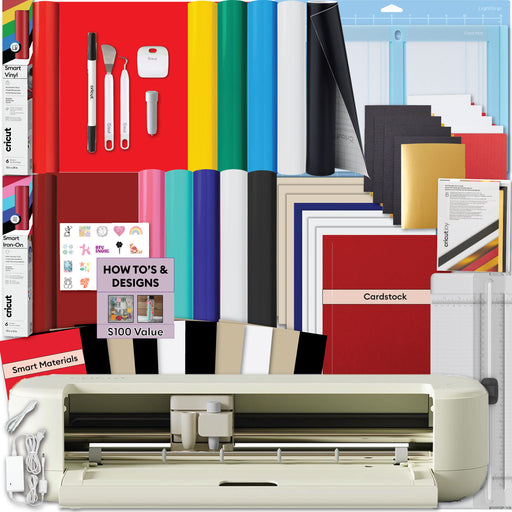 Cricut Explore 5 Machine Essentials Bundle with Smart Vinyl, Iron-On Samplers & Instructional Guide - DIY Cutting Machine for Decals, Stickers & Cards