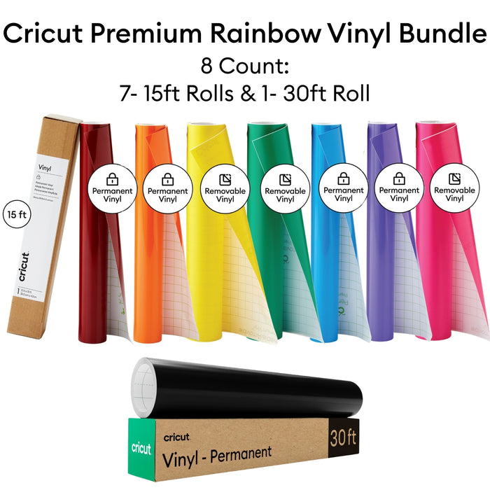 Cricut Vinyl Rainbow Variety Pack Bulk Bundle - 8 Multicolor Craft Adhesive Vinyl Rolls, 12 in x 15 ft