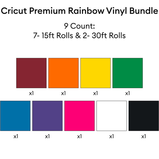 Cricut Premium Vinyl Rolls Bundle - Rainbow 15 Foot Adhesive Vinyl Rolls, 9 Count