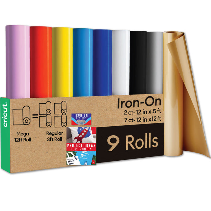 Cricut Iron-On Rolls Bundle - 12 in x 144 in Rainbow Heat Transfer Vinyl, 9 Count