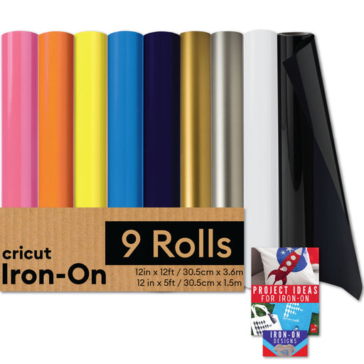Cricut Premium Iron-On Rolls Bundle - 12ft Rainbow HTV and 5ft Black & White, 9 Count