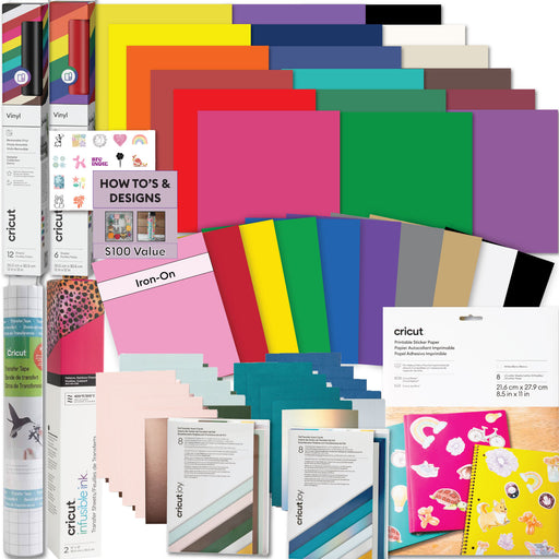 Cricut Deluxe All-in-One Materials & Accessories Bundle | Starter Kit for Cricut Explore & Maker Machines with Vinyl, HTV, Stickers & Cards