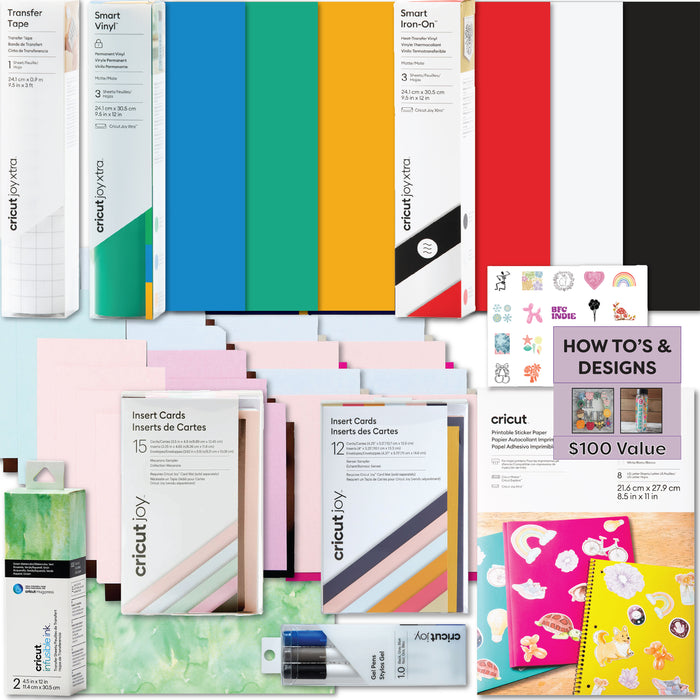 Cricut Joy Xtra Deluxe Starter Bundle | 45+ Piece Materials & Accessories Sampler Kit with Vinyl, HTV, Sticker Paper, Cards & Tools