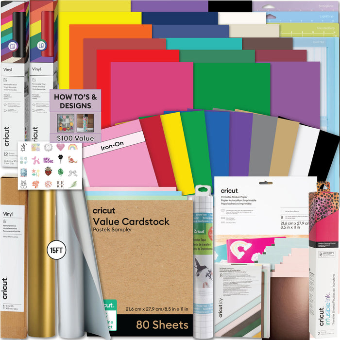 Cricut Ultimate All-in-One Materials & Accessories Bundle | Beginner Sampler Kit for Cricut Explore & Maker Machines with Vinyl, HTV, Stickers & Cards