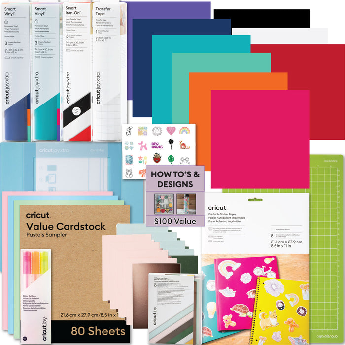 Cricut Joy Xtra Ultimate Starter Kit | 115+ Piece Materials & Accessories Bundle with Vinyl, HTV, Sticker Paper, Cards & Tools