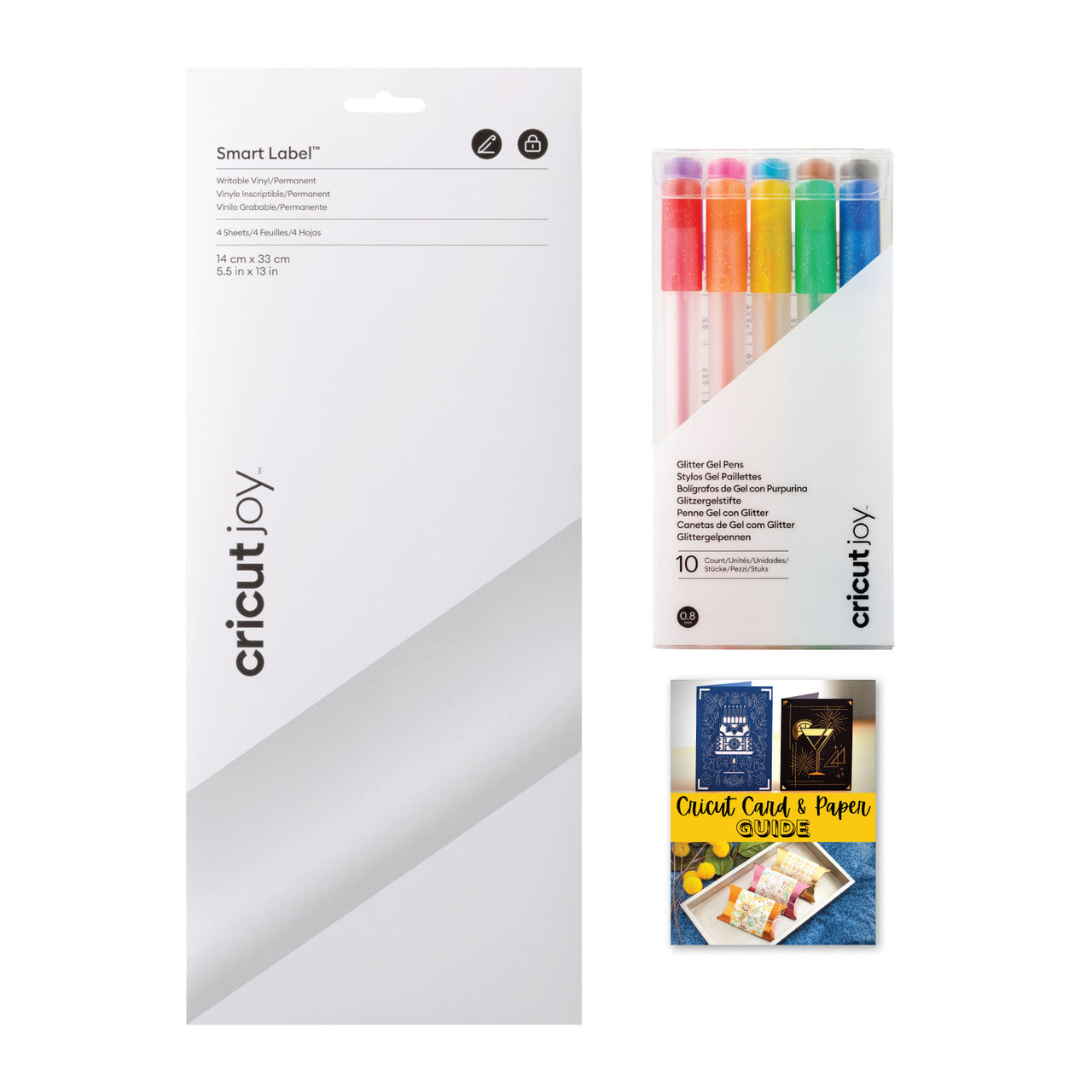 Cricut Joy Smart Label Writable White Permanent Vinyl and Cricut Glitter Rainbow Gel Pens 0.8 mm