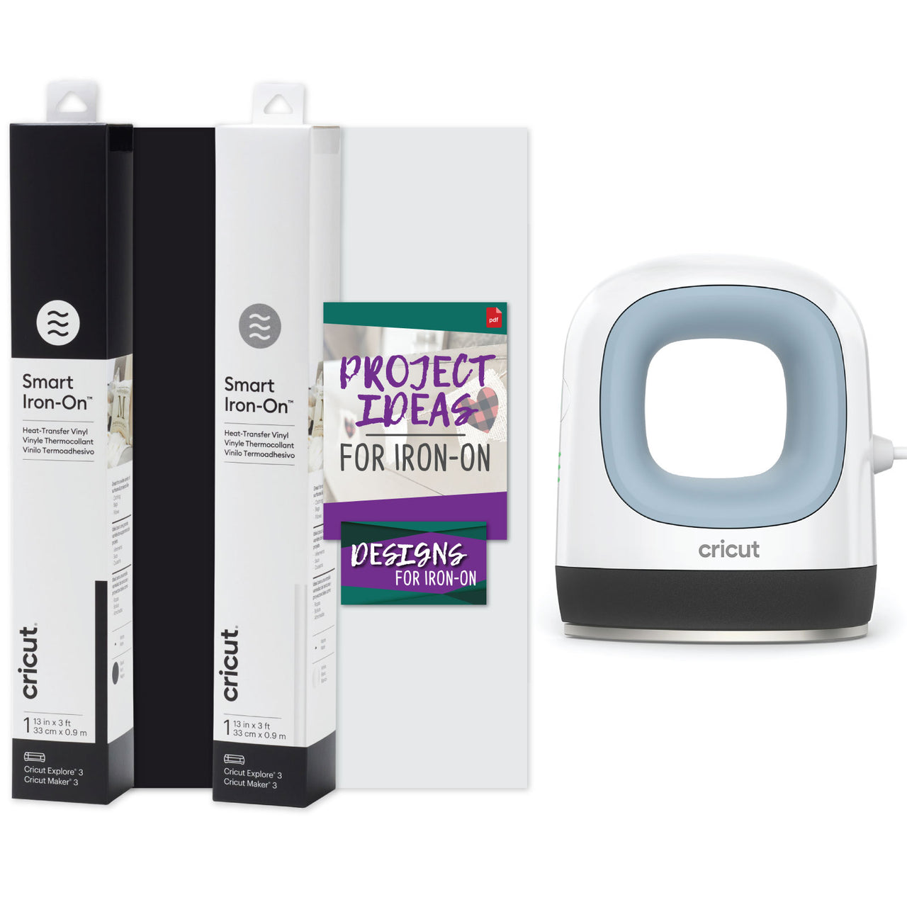 Cricut EasyPress Mini, Zen Blue and Cricut Smart Iron-On HTV Black and White Bundle
