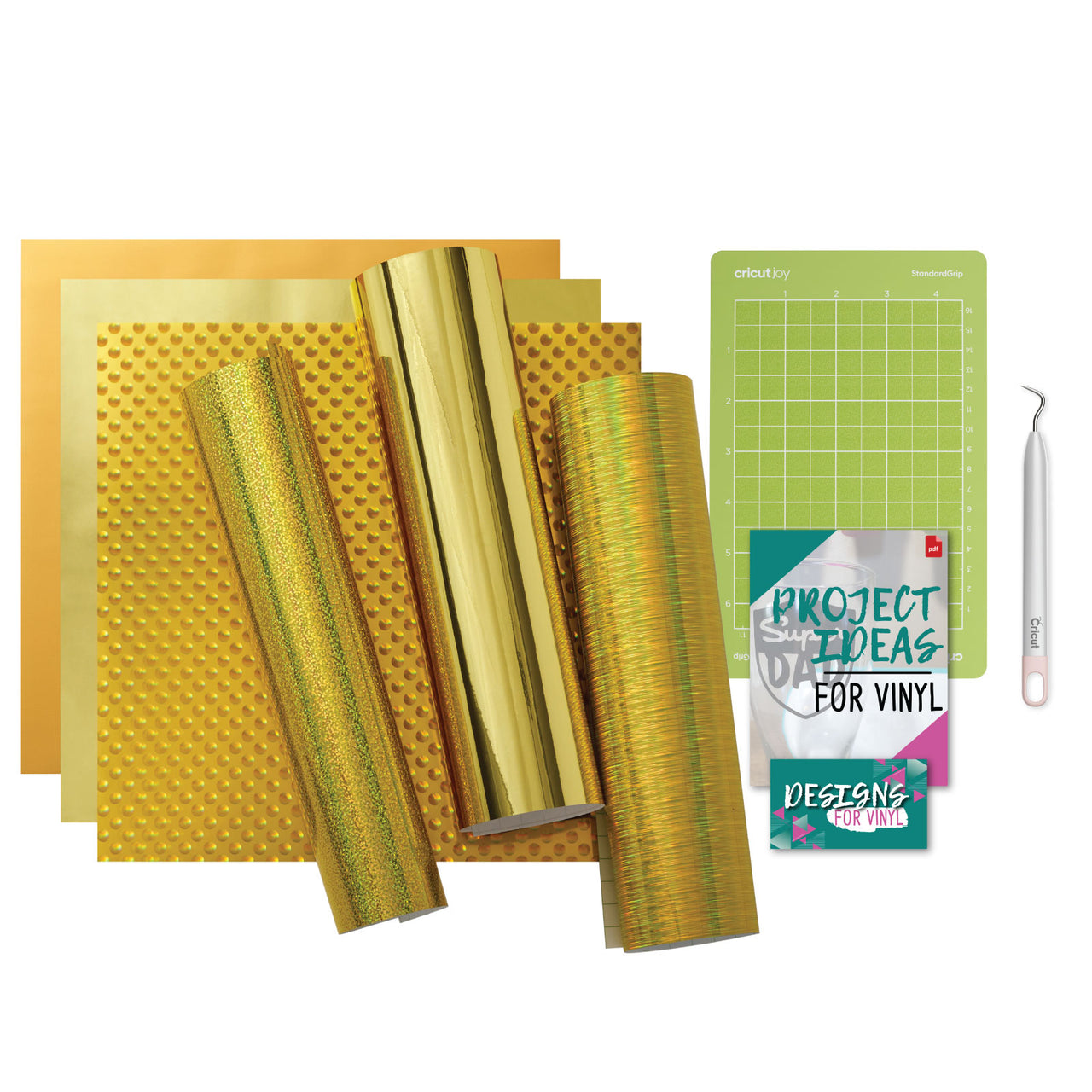 Cricut Holographic Gold Permanent Vinyl 6ct with Joy Standard Grip Mat and Weeder Tool Bundle