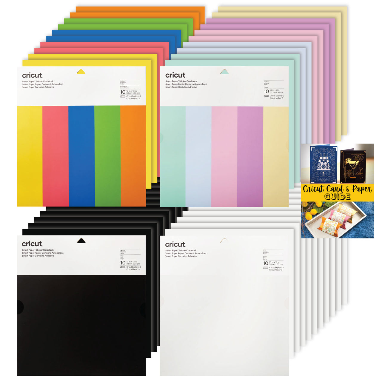 Cricut Smart Paper Sticker Cardstock Black, White, Bright Bow, and Pastels Bundle 10 Sheets - 13in x 13in - Adhesive Paper for Stickers